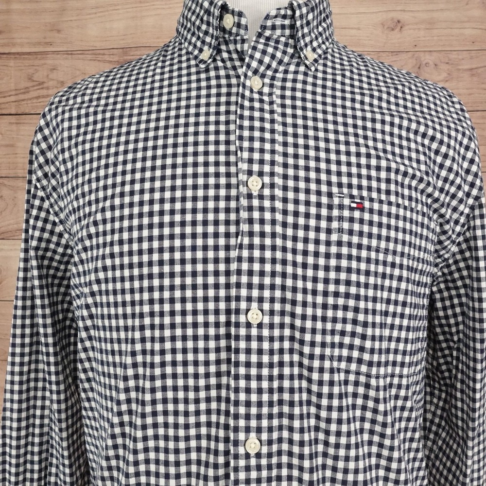 Tommy Hilfiger Shirt Mens L Blue Check Long Sleeve Button-Up Classic Fit Stretch